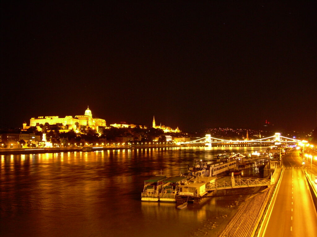 A river with a lighted bridge and castle in the background in Budapest