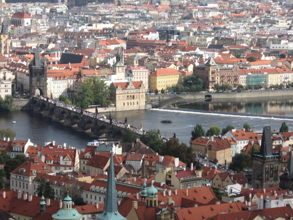 An elevated view of the Charles Bridge in Prague