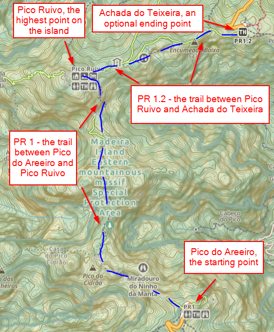 A trail map of PR 1 and PR 1.2 on Madeira