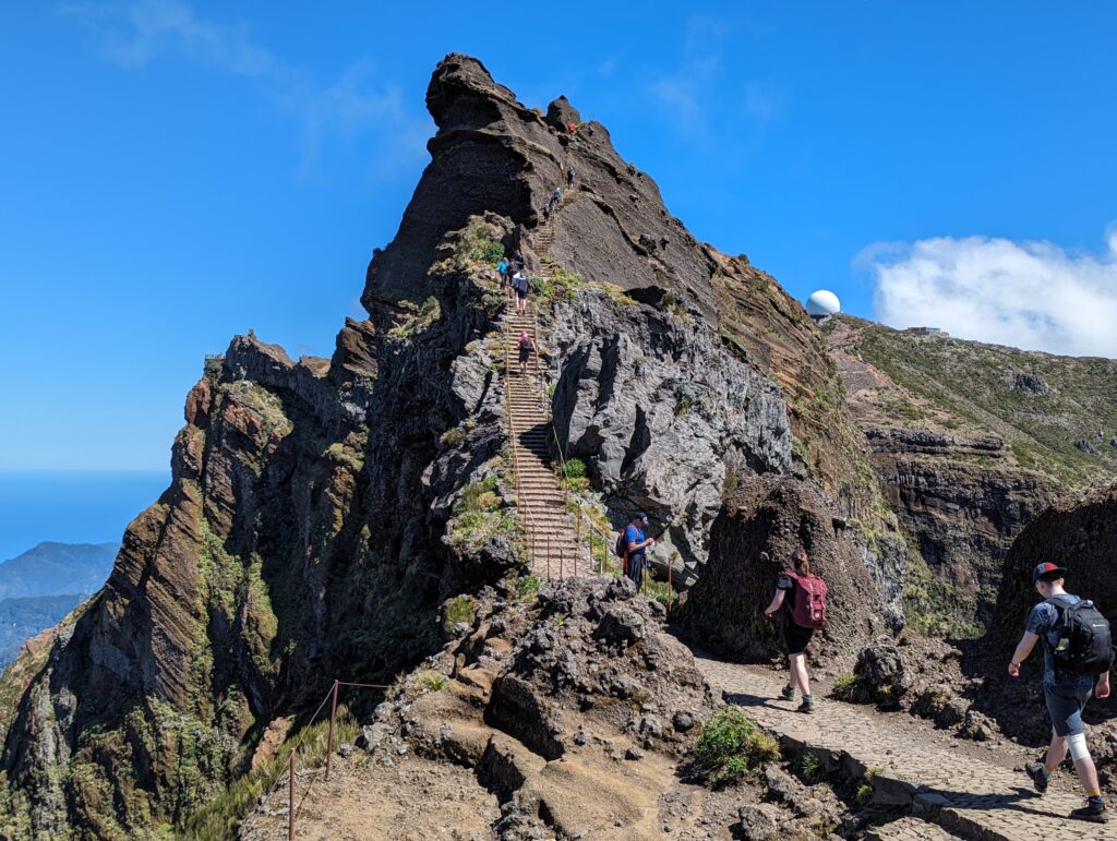 The stairway to heaven leading up a mountain peak in Madeira, Portugal on a beautiful day