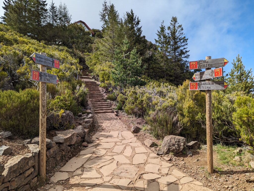 Trail markers on both sides of a stone path surrounded by trees and shrubs