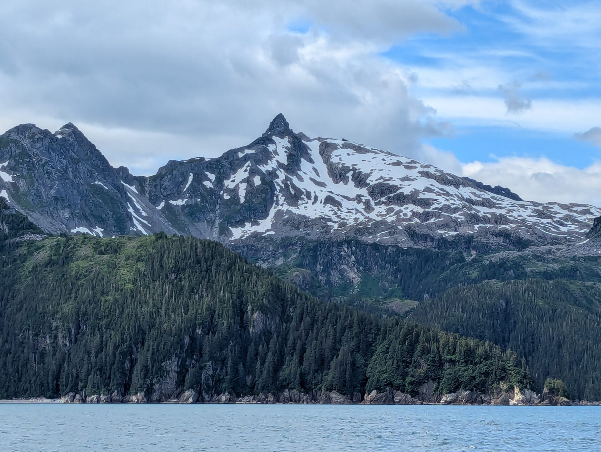 A pointy mountain peak with snow sticks out above green trees and a sea in Kenai Fjords