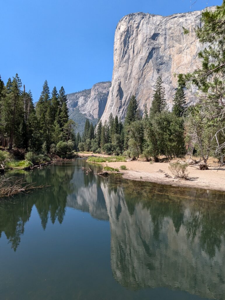 El Capitan and some trees reflected in the Merced River