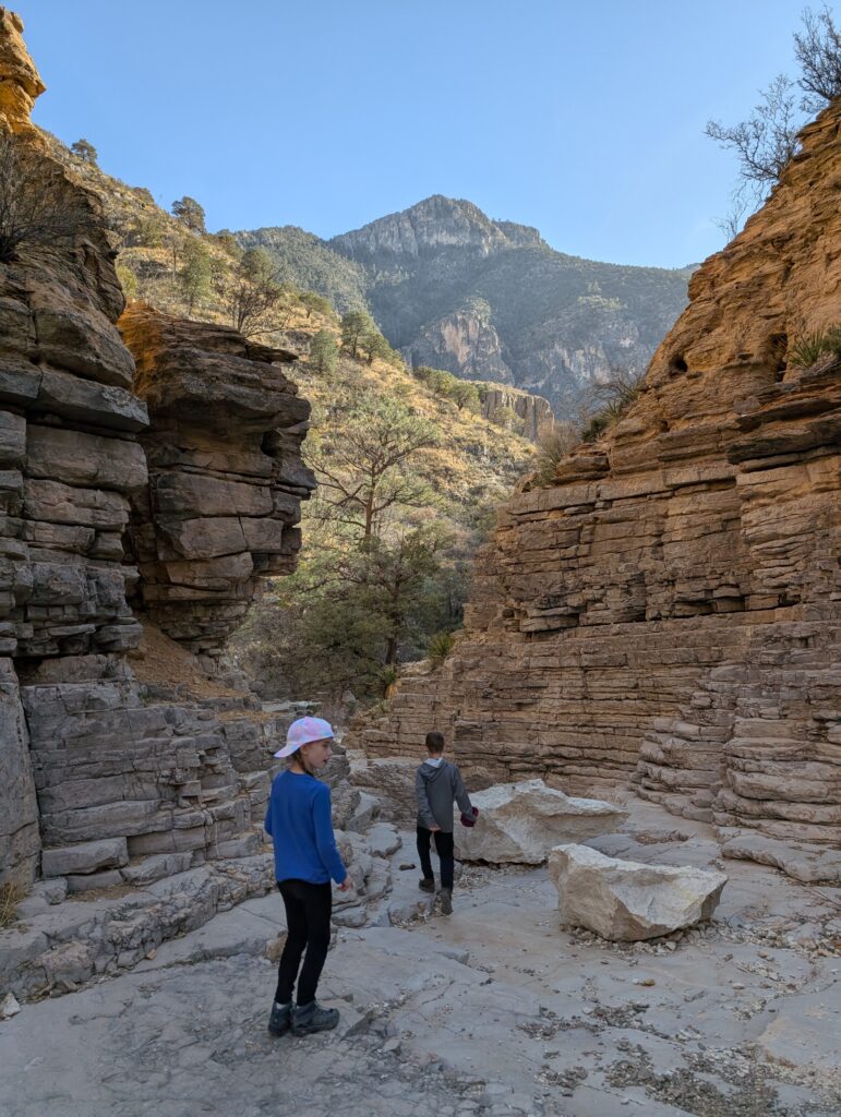 Two children walking through an open mountainous area on the Devil's Hall trail 